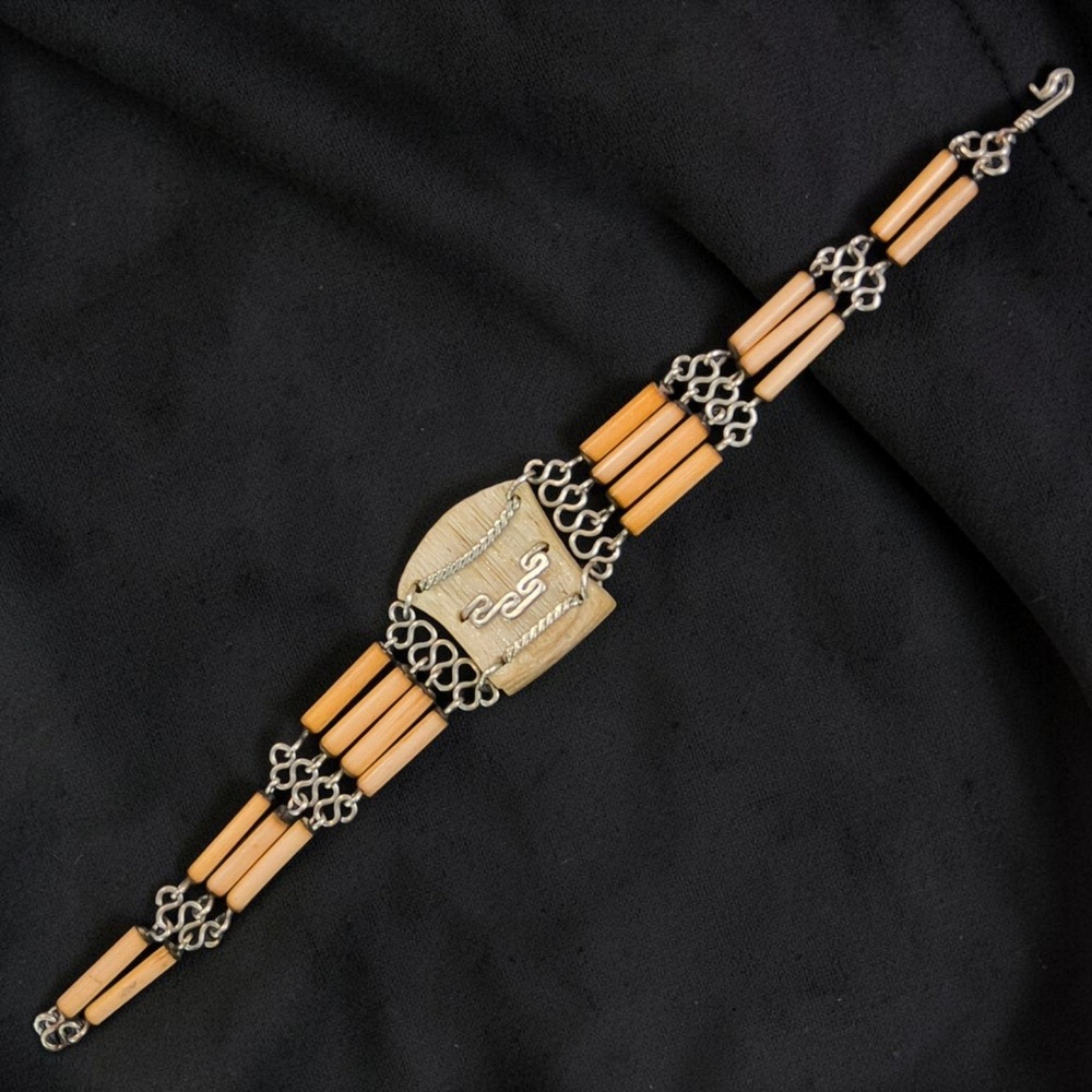 Vintage Bone & Wood Tribal Bracelet Alpaca Silver Boho Petite 6.25